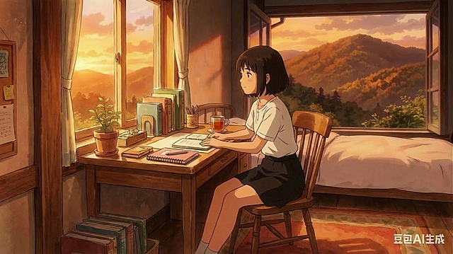 保持小女孩、房间和书桌保持不变，只修改窗外景色为黄昏夕阳景色，暖橙色氛围，吉卜力动画风格