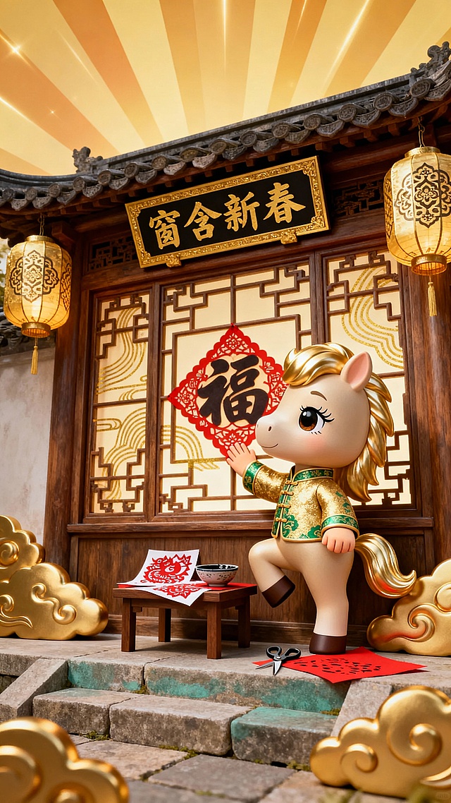 简约，3D风格，
微仰视视角，暖金色调场景，柔和全局光照搭配暖金放射状渐变光效，古宅的雕花木格窗前摆着一张小方桌，檐下悬挂 “窗含新春” 金边金底黑字牌匾。木格窗两侧挂着带回纹的金色灯笼，周围环绕暖金色立体祥云，桌上放着一沓剪纸窗花和一碗糨糊。画面中央是占比 30% 的 Q 版香槟色马卡通 IP，浅金香槟毛色配亮金色鬃毛，眼睛配睫毛，侧身踮脚将一张福字窗花贴在窗上（前爪按着窗花抚平褶皱，后腿微微抬起），身着金底绿纹的中式小袄，蹄子旁放着剪刀和红纸。木格窗前是青石台阶，背景暖金放射渐变，窗花上的金色线条熠熠生辉。