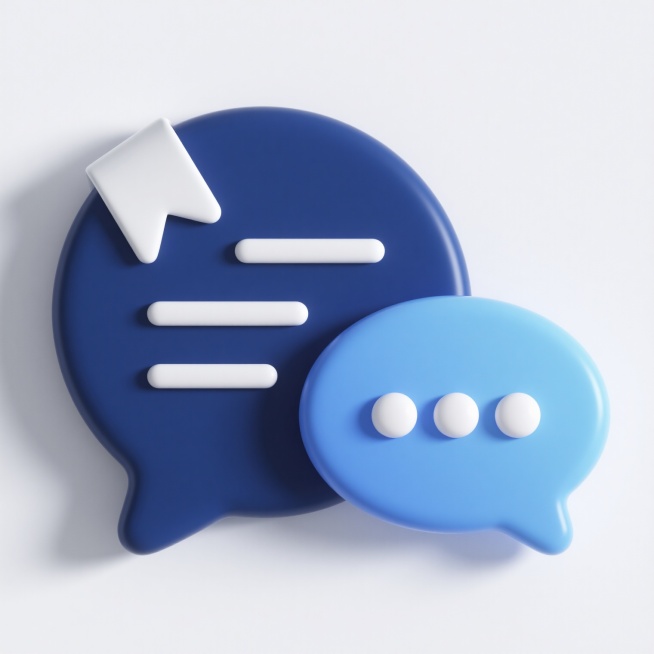 白色背景上的3D立体风格对话气泡图标设计，左侧为较大的深蓝色气泡，内部有三条水平排列的白色缎带装饰，顶部左侧有一个向上翻折的缎带角；右侧为稍小的浅蓝色气泡，内部有三个水平排列的白色圆形圆点，两个气泡呈叠加状态，具有光滑的曲面、柔和的渐变色彩过渡、清晰的高光和自然的阴影，整体呈现出简洁、现代、友好的视觉氛围，光线从左上方照射，气泡边缘圆润，材质表现为半哑光塑料质感。预览效果