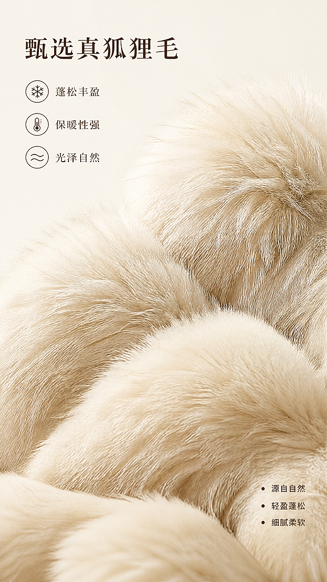 [第4屏] 材质细节特写屏-狐狸毛蓬松质感细节展示。
[氛围/风格] 高级质感特写，微距商业摄影，突出毛发纹理清晰可见，真实触感表达。
[元素布局] 使用图1米杏色狐狸毛局部，放大展示狐狸毛蓬松纹理，特写区域占据画面70%，保持原米杏色和毛质蓬松感，清晰展示每一缕毛发的光泽和蓬松度，背景使用纯色浅米色干净背景，左上角主标题，右下角三个小点标注天然狐毛特点。
[光影质感] 侧光打亮狐狸毛纹理，形成自然明暗对比，突出毛发蓬松立体感，光泽真实细腻。
[配色色系] 全局底色：#F8F5F0（浅米），主体狐毛保持米杏色，文字深棕色。
[视角构图] 微距特写视角，焦点清晰，主体突出，竖屏9:16。
[文字版式] 左上角标题 "甄选真狐狸毛"，下方分三个卖点：「蓬松丰盈 / 保暖性强 / 光泽自然」，每个卖点配圆形小图标，排版整齐不遮挡特写主体。
[比例分辨率] 9:16竖版比例，4K分辨率，文字清晰可辨。
[负向提示词] 毛发模糊，纹理不清，颜色偏差，变形，文字错乱，水印。