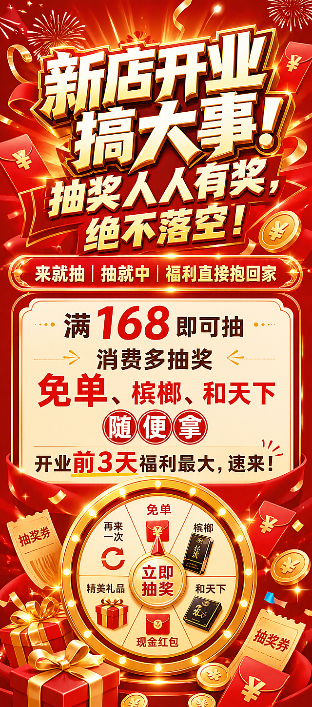 新店开业促销海报，设计尺寸比例宽为80，高为180。大标题为"新店开业搞大事！抽奖人人有奖，绝不落空！"，副标题为"来就抽｜抽就中｜福利直接抱回家"，正文为"满168即可抽｜消费多抽奖 免单、槟榔、和天下随便拿 开业前3天福利最大，速来！"。整体风格喜庆热闹，红色金色为主色调，吸引路人注意力，文字排版清晰醒目。