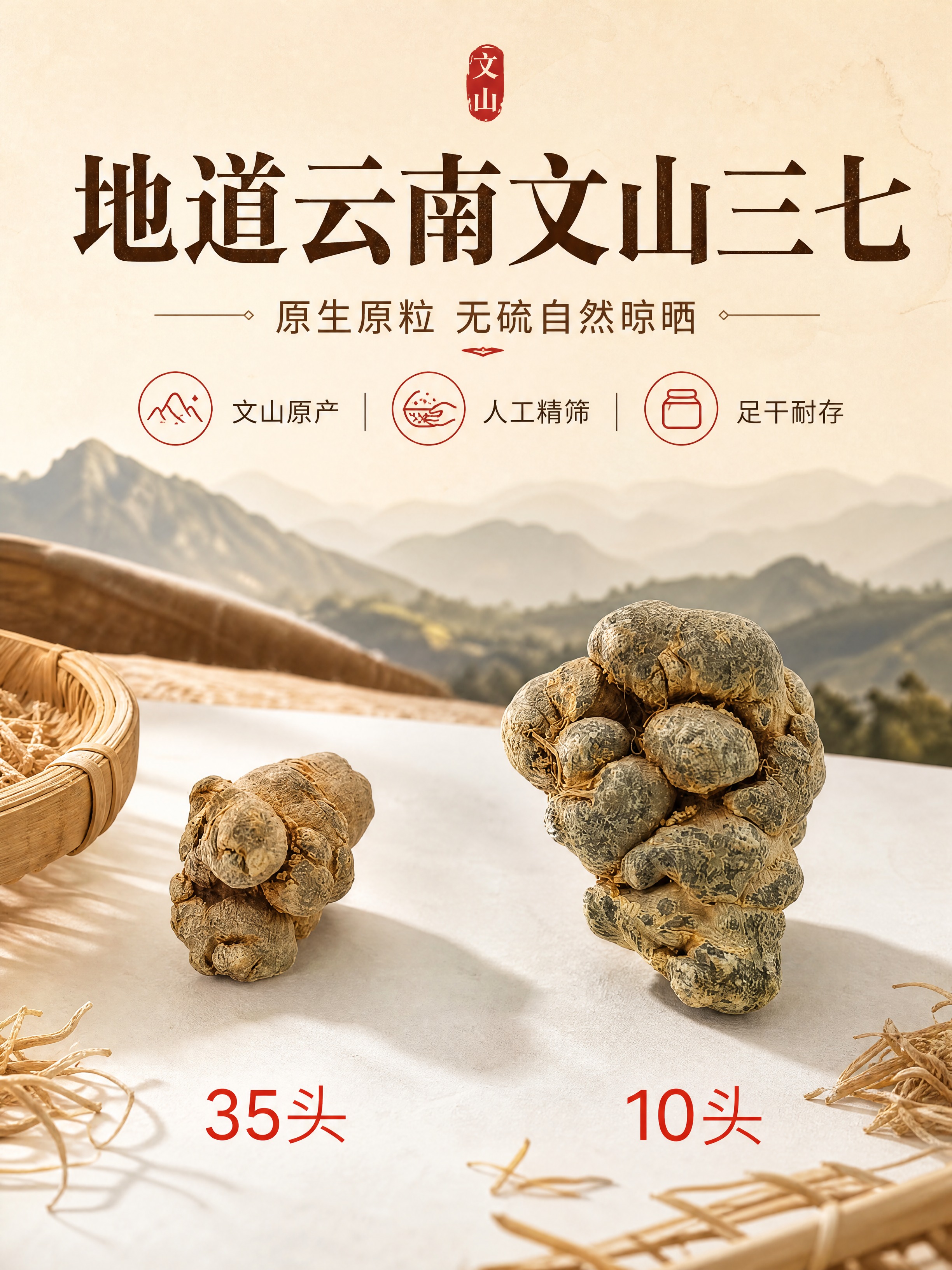 [商品] 使用【图1】云南文山三七双规格对比图；保留左侧35头… - 图片创意预览