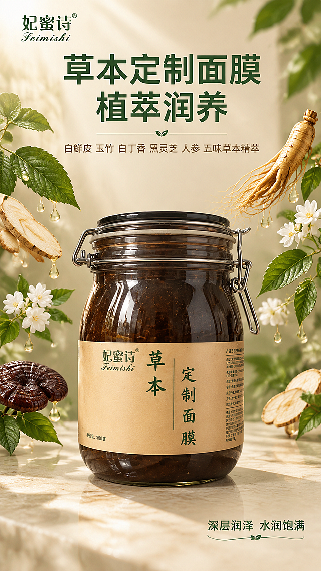 [主图-1] 首图品牌调性与草本植萃主题，突出妃蜜诗草本定制面膜的天然草本成分与高级质感。
[统一基调] 整体风格为东方草本温润高级感，背景主色为温润米杏色与深草木绿渐变，标题字色为深草木绿，辅助字色为暖棕色，强调色为金棕色，字体样式为干净非衬线体，字号层级分明，卡片与图标采用细线描边与柔和圆角样式。
[画面] 产品罐身完整居中偏下位置，正面朝向观众，占画面约55%。罐身是深棕色玻璃卡扣罐，米杏色标签印有妃蜜诗Feimishi草本定制面膜字样，罐内深褐色草本面膜膏体可见。产品放置在温润米杏色大理石台面上，台面有柔和接触阴影。画面上方和两侧环绕悬浮着真实草本植物原料，包括白鲜皮叶片、玉竹根茎切片、白丁香花、黑灵芝、人参根须，植物叶片与产品之间有细微的草本精华液滴缓缓落下，营造天然纯净氛围。背景是柔和的晨光从左上方斜射下来，形成自然的光斑与柔和的阴影。
[光影质感] 商业摄影质感，柔光箱布光，主光来自左上方45度，辅光右侧补光，玻璃罐身有清晰的高光反射，标签文字清晰锐利，草本植物有自然的光影层次，台面有柔和的产品倒影。
[配色] 主色米杏色与深草木绿，辅助色暖棕色与金色点缀，草本植物的绿色与花朵白色作为自然点缀色。
[文字版式] 左上角放置妃蜜诗品牌Logo，深草木绿色。画面上方大标题主文案：草本定制面膜 植萃润养，字号最大最粗，深草木绿色。标题下方辅助文案：白鲜皮 玉竹 白丁香 黑灵芝 人参 五味草本精萃，暖棕色，字号约为主标题的50%。画面右下角小字：深层润泽 水润饱满，深草木绿色。文字均放在负空间，不遮挡产品主体。
[输出要求] 比例9:16，文字清晰可读，产品清晰完整，无变形，无错字，无模糊，无杂乱背景杂物，无水印，无平台Logo。