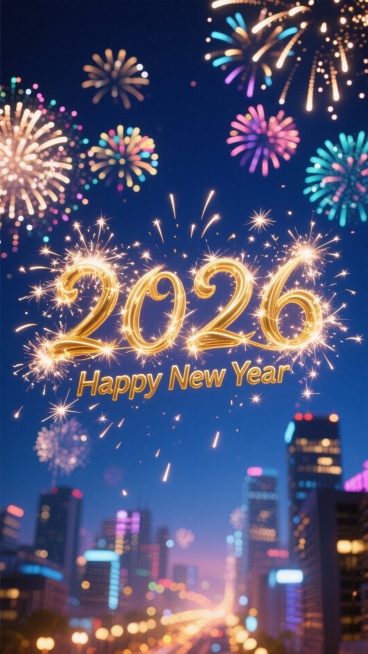 画面中央是金色烟花字“2026”，下方搭配金色烟花英文 “Happy New Year”，背景是深蓝色夜空，布满色彩绚烂的烟花，底部还有城市夜景的灯光光斑预览效果