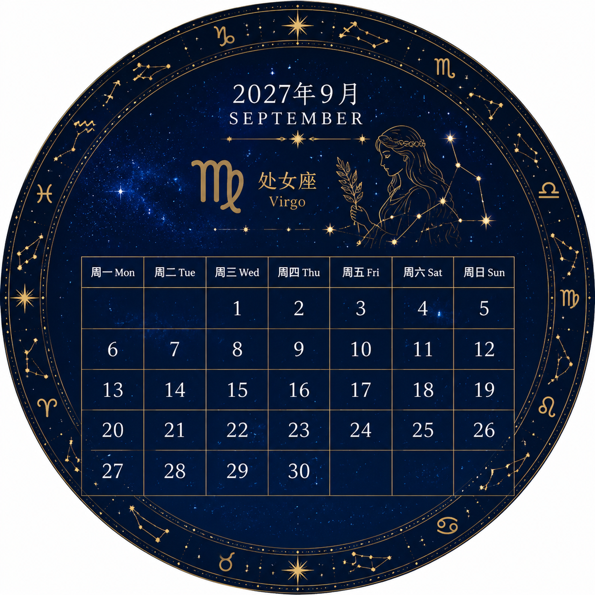 2027年9月圆形星座日历，正圆形构图，深蓝星空背景带金色星点… - 图片创意预览