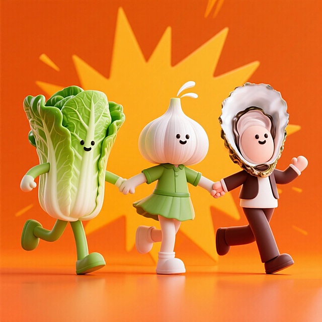 3个角色一起手拉手+左抬腿：1、拟人的白菜；2、拟人的大蒜；3、拟人的生蚝。橙色背景（带有同色爆炸效果的暗纹）