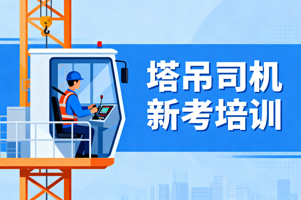 塔吊司机新考培训宣传图，和之前的工种培训图风格统一，蓝色商务简约风，左侧是塔吊司机在塔吊驾驶室操作设备的写实场景插画，右侧醒目显示文字'塔吊司机 新考培训'，整体清晰规范预览效果
