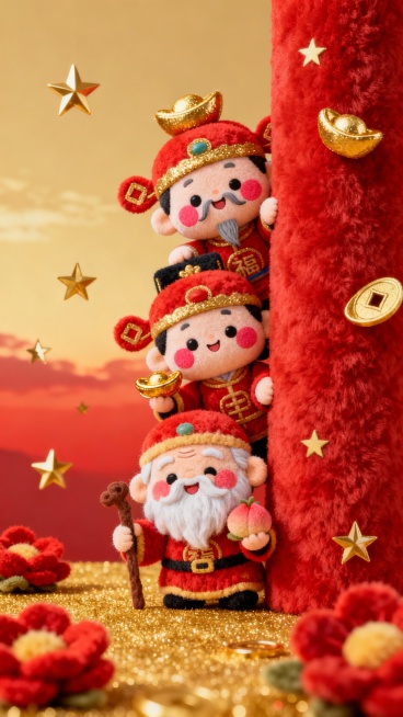 三个穿着红色毛绒唐装、头戴金色元宝帽的可爱卡通娃娃，分别是中国传统福禄寿三星。福星是头戴官帽、身穿朝服的文官形象，面容慈祥，手持如意，象征福气满满；禄星为手持官帽的官员造型，寓意功名利禄；寿星鹤发童颜预览效果
