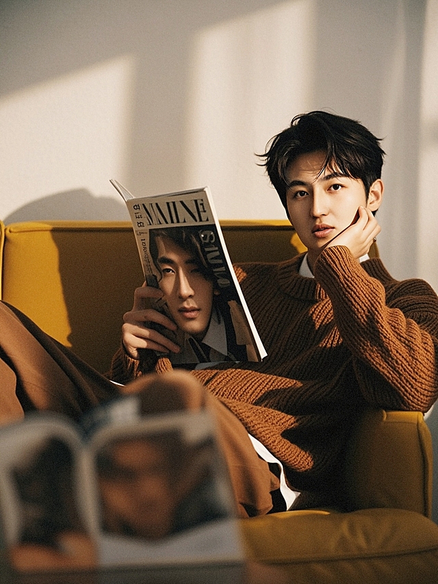 一个男生，坐在沙发上，杂志，棕色毛衣，白色墙壁