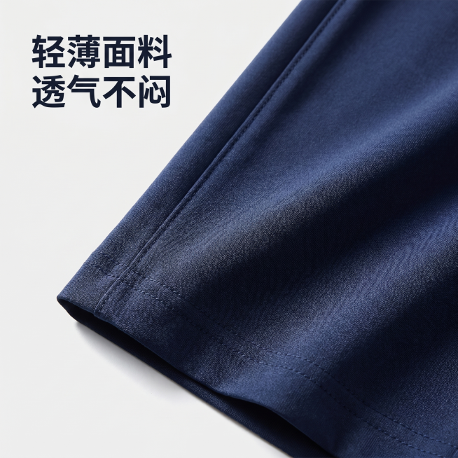 [主图 4] 校裤面料细节特写展示图。
[氛围风格] 简约干净，整体风格光影配色保持统一。
[画质] 商业摄影质感、光线柔和通透、产品细节清晰真实、画面干净高级。
[元素] 校裤面料局部特写，展示速干预览效果