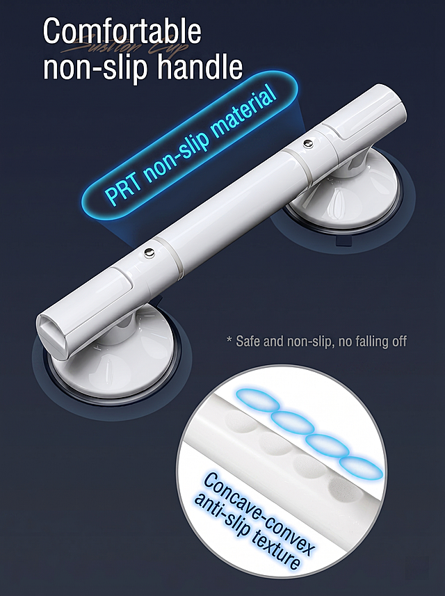 基于原图，将所有中文替换为英文：左上角改为'Comfortable non-slip handle'，发光条改为'PRT non-slip material'，右下角小字改为'* Safe and non-slip, no falling off'，圆形区域改为'Concave-convex anti-slip texture'，整体构图和风格保持不变，调整输出图片尺寸为900*1200像素