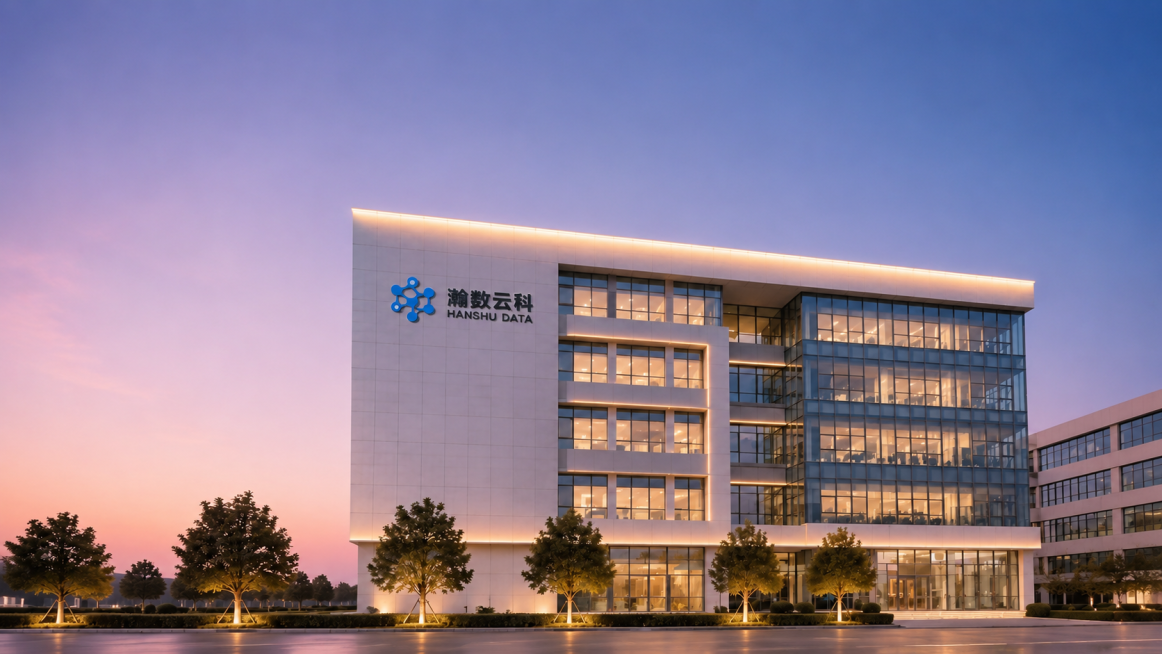保留图1中企业大楼的主体结构、建筑外观、蓝色公司Logo和门头"瀚数云科 HANSHU DATA"字样完全不变，只参考图2的视觉风格进行优化：调整为粉蓝调暮色时分，天空改成澄澈柔和的粉紫色渐变蓝天，打预览效果
