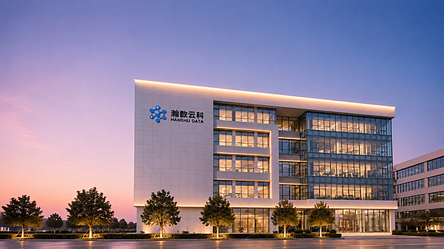 保留图1中企业大楼的主体结构、建筑外观、蓝色公司Logo和门头"瀚数云科 HANSHU DATA"字样完全不变，只参考图2的视觉风格进行优化：调整为粉蓝调暮色时分，天空改成澄澈柔和的粉紫色渐变蓝天，打开室内透出暖黄色灯光，建筑立面增加暖光线性灯，暖光和环境冷调层次分明，整体色调冷暖平衡，气质简约干净、静谧高级。进一步提升画面高级感和企业宣传片质感，保留中间偏上的干净标题排版区域，建筑主体适当下移，保持16:9比例，不改变原有建筑主体结构，不添加额外文字和人物，适合做企业介绍PPT封面背景