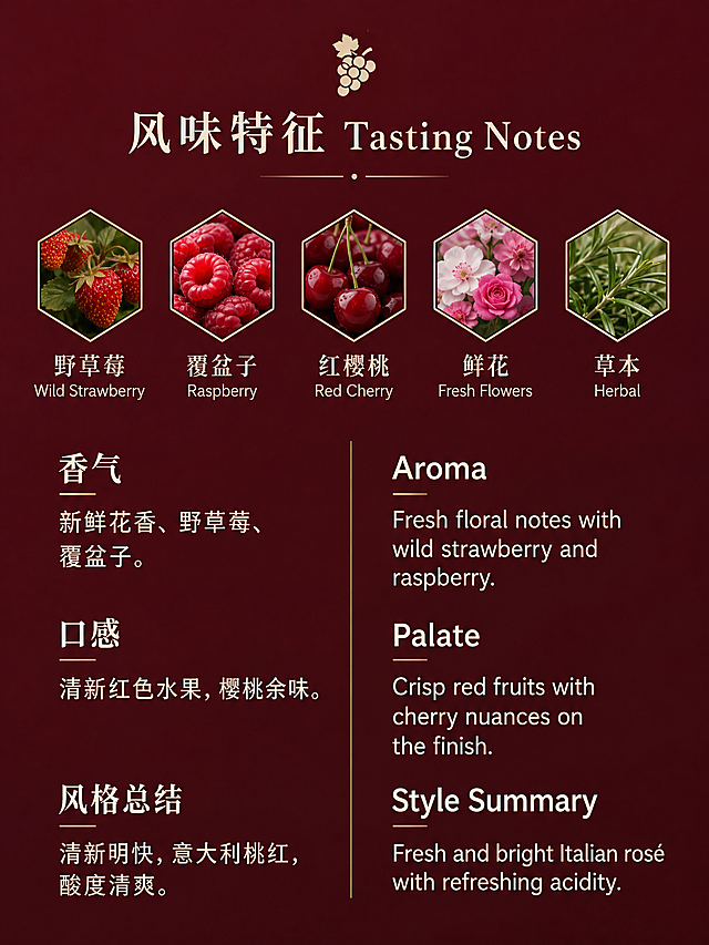 风味特征感官板块，桃红葡萄酒品鉴笔记。深酒红色背景，简约高级。顶部居中标题风味特征Tasting Notes，米白色字体配小葡萄图标。上方横向排列5个六边形风味图标，分别是野草莓覆盆子红樱桃鲜花草本，每个图标下方标注名称。下方左右两栏中英文品鉴文字，中间竖线分隔。香气描述新鲜花香野草莓覆盆子，口感描述清新红色水果樱桃余味，风格总结清新明快意大利桃红酸度清爽。3:4竖版，750px宽，高清，文字清晰。