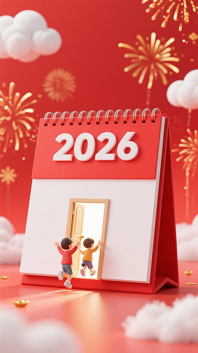 软3D风微缩艺术，卡通人物推开2026日历之门，喜庆红金配色，烟花云朵点缀，梦幻新年氛围。