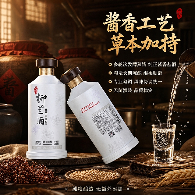 [主图-3] 主题：传统酱香工艺 长期陈酿 品质保障。唯一任务：展示酿造工艺与口感优势，强化产品价值。
[统一基调] 国风品质感，深棕暖金配色，主标题用粗笔书法字，辅助文案用细宋体，整体专业大气，传递白酒高端质感。
[画面] 画面中央偏左摆放两瓶柳兰酒（一正一侧），占比50%。背景为中式酒窖/酿酒坊场景，隐约可见陶坛、高粱、小麦等原料元素，体现传统酿造工艺。右侧有酒液倒入酒杯的动态瞬间，酒线绵长，酒花细密，展现酒体质感。
[光影质感] 暖黄色调，侧光突出瓶身质感与酒液通透度，酒花与酒线有高光，整体氛围醇厚温暖，有岁月陈酿感。
[配色] 背景深棕与暖黄渐变，标题字金色，辅助文案米白色，强调色朱红印章。
[文字版式] 右上方主标题"酱香工艺 草本加持"，下方分四行工艺卖点："多轮次发酵蒸馏 纯正酱香基酒""陶坛长期陈酿 绵柔顺滑""专业勾调 风味协调统一""无菌灌装 品质稳定"。每句前加金色小圆点。底部小字标注"纯粮酿造 无额外添加"。
[输出要求] 1:1正方形，2048*2048，产品清晰，酒液动态真实，文字清晰可读，无变形错字，无水印无平台Logo。