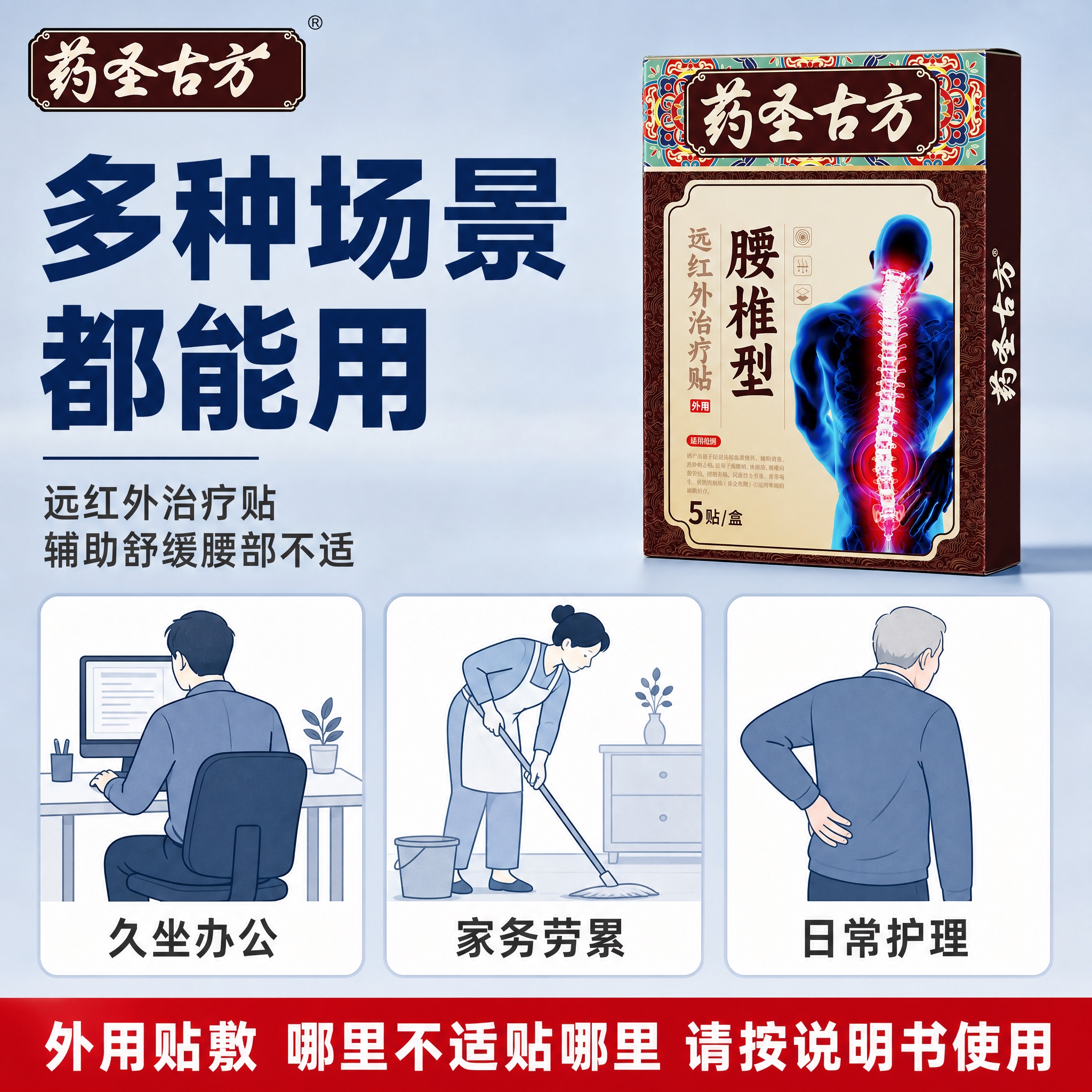 [主图-3] 适用场景与使用人群图，主题为展示腰椎贴的适用场景… - 图片创意预览