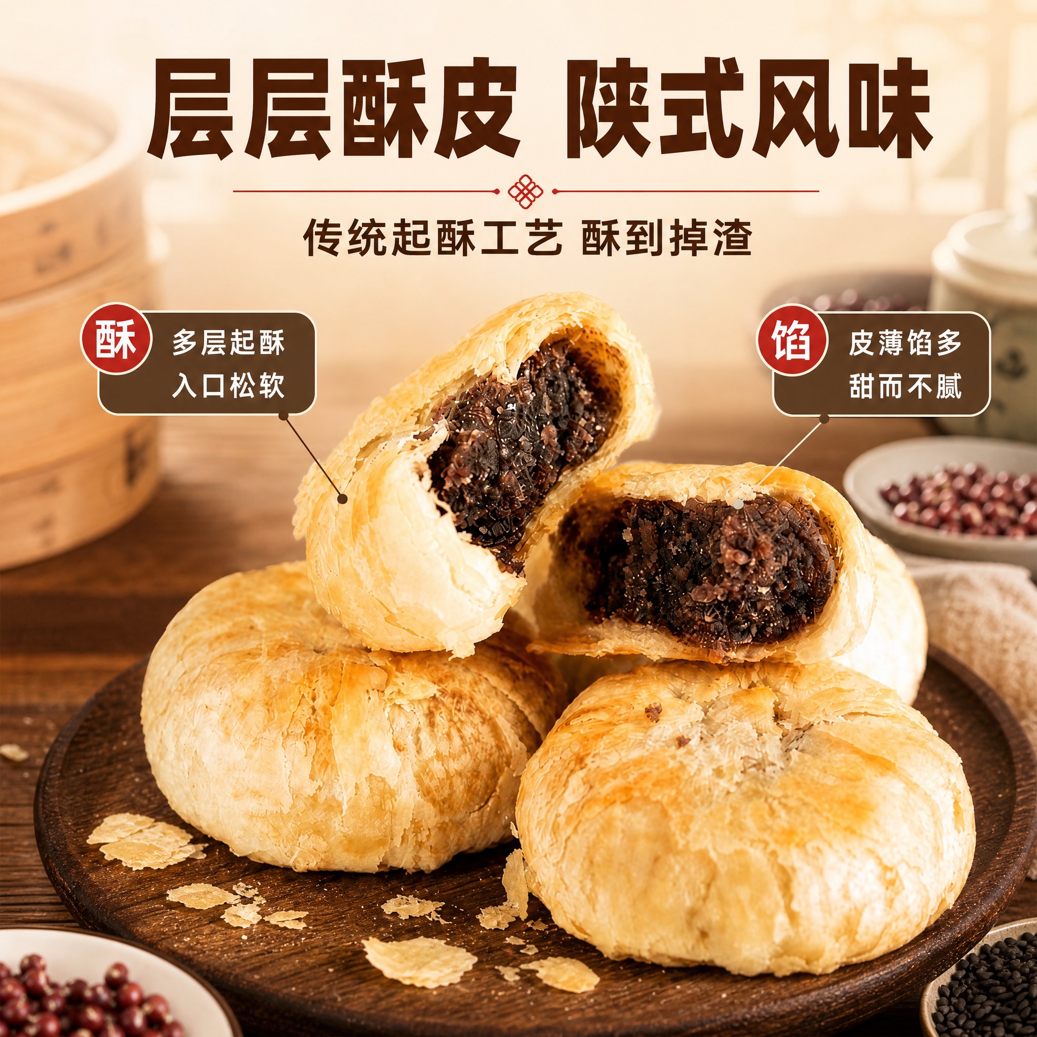 [主图-2] 核心卖点图，展示红星软香酥层层酥皮的工艺特点与内… - 图片创意预览