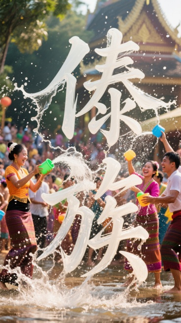 泼水形成”傣族“文字；背景是傣族人民过泼水节预览效果