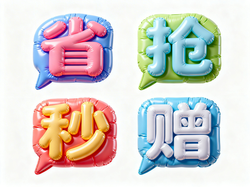 3D立体风格，一组4个不同配色规整排布的素材，膨胀效果的艺术字，字体圆润饱满，材质光滑且有光泽，保留充气后的褶皱，呈现出充气后的立体感，纯白色背景，文案分别为“省”、“抢”、“秒”、“赠”，每个文字都预览效果