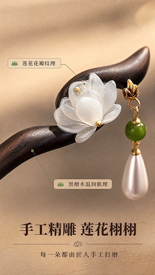 [商品] 使用【图1】黑檀木莲花流苏发簪；重点保留并放大莲花雕刻部分与黑檀木簪身纹理；增强花瓣层次、木质肌理细腻度，不改变原设计结构。
[画面] 页面目标：细节质感展示，突出手工雕刻工艺与材质温润感。构图：微距质感型，莲花雕刻部位占据画面中央，占画面约60%；超近距离展示花瓣弧度、雕刻纹路、花蕊金色点缀；下方露出一段黑檀木簪身，展现木纹肌理；背景虚化暖米色柔焦。
[视觉] 套系策略：风格=东方雅致新中式商业摄影；标题字=宋体衬线粗体；正文字=简洁宋体；主色=深棕木色；背景延展=基于深棕木色做深浅层级、同色渐变和宣纸/木纹质感；强调色=碧玉青，仅用于小面积图标、引线和标签；标题色=深炭棕；正文色=中暖棕；组件=细线引线、圆角浅棕信息卡；光影=侧上方暖柔光，突出雕刻立体感与纹理。
[文字] 画面下方主标题"手工精雕 莲花栩栩"，副标题"每一朵都由匠人手工打磨"，配2个细节标注引线"莲花花瓣纹理""黑檀木温润肌理"，文字居下不遮挡主体细节，全部横排。
[规格] 图片比例9:16竖版，2K，medium质量，避免变形、错字、文字过小、冷蓝背景、商品颜色改变、结构失真。