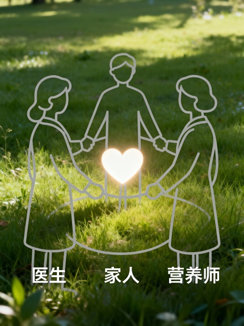 中间用浅灰色线条勾勒出 “医生 + 家人 + 营养师” 的简笔人物轮廓，手拉手围成一个圈，圈中间是一颗发光的爱心预览效果