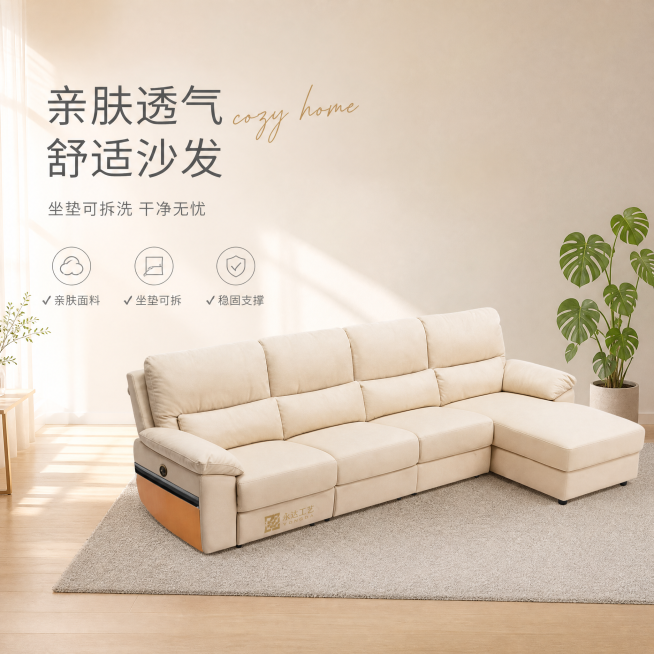 [单张主图] 米白色L型转角沙发，高级氛围感主图，产品展示卖点吸引点击。
[画面主体] 米色L型转角沙发放置在画面右下侧，保持沙发外观（物理结构、材质质感、颜色）与输入产品图绝对一致，杜绝任何变形和色预览效果