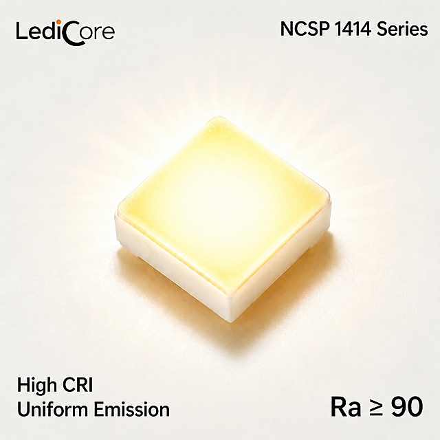 Edit this image: change text 'NCSP 1010 Series' to 'NCSP 1414 Series'. Keep everything else exactly the same: LediCore logo, glowing LED chip product image, 'High CRI Uniform Emission' text, 'Ra ≥ 90' text, white background, glow effect, layout, font style, font size, colors. Only replace the number 1010 with 1414 in the top right title. 1000x1000 size.