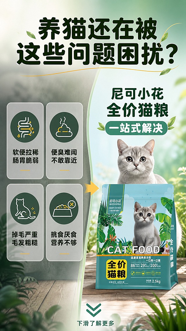 [商品] 使用【图1】尼可小花全价猫粮袋装产品；保留包装袋所有原貌特征；商品处理：产品袋放在画面右下角，作为解决方案载体露出。
[画面] 页面目标：痛点共鸣，直击养猫常见困扰，引出产品解决方案；构图骨架：左痛点右产品，左侧4个痛点图标+文字，右侧产品+健康猫咪对比；主体位置：画面左右分栏，左侧痛点区，右侧产品区；主体占比：信息+产品合计占画面约70%；景别：信息全景；阅读动线：从左到右，从上到下；前中后景：前景痛点图标和文字，中景产品袋+猫咪，后景青绿色渐变背景；场景：对比式痛点展示，左侧偏灰暗，右侧产品区明亮清新。
[视觉] 套系策略：风格=自然清新森系商业摄影风；标题字=粗黑体圆润字形；正文字=简洁无衬线体；主色=青绿色（#2A9D8F）；背景延展=基于青绿色做深浅层级、同色渐变和自然植物/木纹/草地质感；强调色=暖黄色（#F4A261），仅用于小面积图标、引线、标签和数字高亮；标题色=深墨绿色；正文色=深灰绿色；组件=圆角浅绿信息卡、细线引线、叶片装饰元素；光影=均匀柔和布光，右侧产品区更明亮。
[文字] 顶部主标题："养猫还在被这些问题困扰？"；左侧4个痛点分两排："软便拉稀 肠胃脆弱"、"便臭难闻 不敢靠近"、"掉毛严重 毛发粗糙"、"挑食厌食 营养不够"，每个配对应小图标；右侧产品旁配文案："尼可小花全价猫粮 一站式解决"；底部箭头引导向下阅读；所有文字横向排版，字号保证手机端清晰可读。
[规格] 图片比例9:16竖版，4K，避免变形、错字、文字过小、过度夸张痛点、冷蓝/蓝灰背景。
