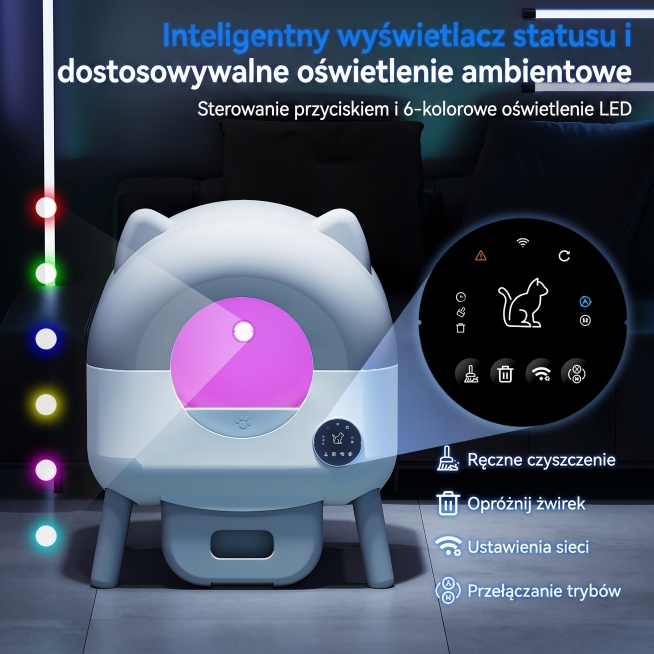 将这张图片中所有的英语文案替换成对应的波兰语文案，其他画面内容、布局和颜色都保持不变。
翻译对应：
Smart Status Display & Customizable Ambient Lighti预览效果