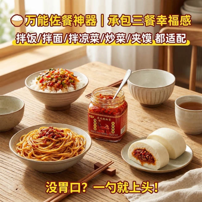 生活化温馨餐桌场景，摆放一碗拌好辣椒酱的米饭、一碗拌辣椒酱的面条、一个夹辣椒酱的馒头，整体画面温馨明亮。顶部居中放置活泼加粗黄红色文案"🍚 万能佐餐神器｜承包三餐幸福感"，中间居中放置活泼加粗黄红色预览效果