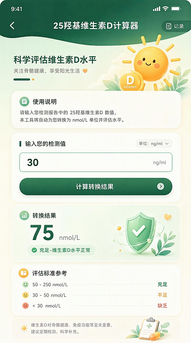 医疗小程序25羟基维生素D计算器页面UI设计，温暖关怀风格。标题：25羟基维生素D计算器。顶部深绿色渐变导航栏。主体内容：使用说明标签，输入检测值输入框（30 ng/ml），深绿色圆角按钮'计算转换结果'。结果展示卡片-转换结果75 nmol/l，浅绿色标签'充足-维生素D水平正常'。底部评估标准参考列表：50-250 nmol/l充足、30-50不足、<30缺乏。整体配色：深绿+薄荷绿+暖米色+阳光橙点缀，柔和渐变背景，圆角卡片，温馨的太阳/维生素医疗插画元素，专业温暖，UI设计稿，高保真，移动端界面
