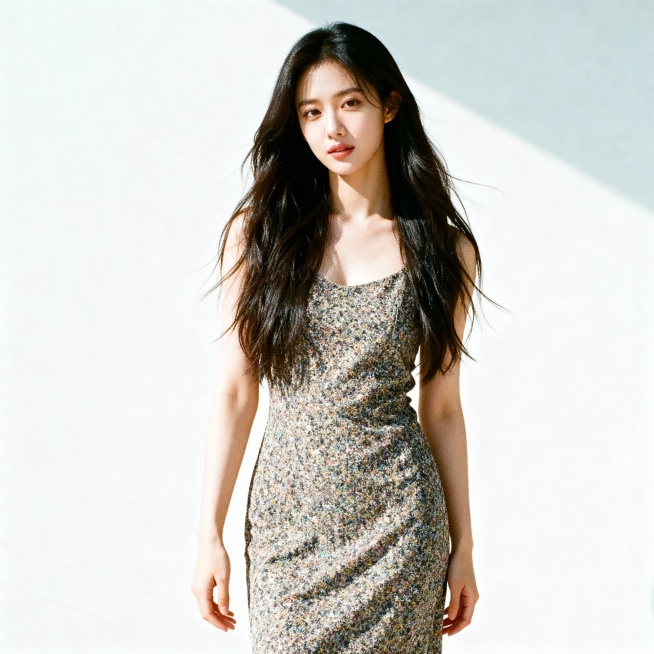 长发美女模特，正面全身图，无袖连衣裙，皮肤白皙预览效果