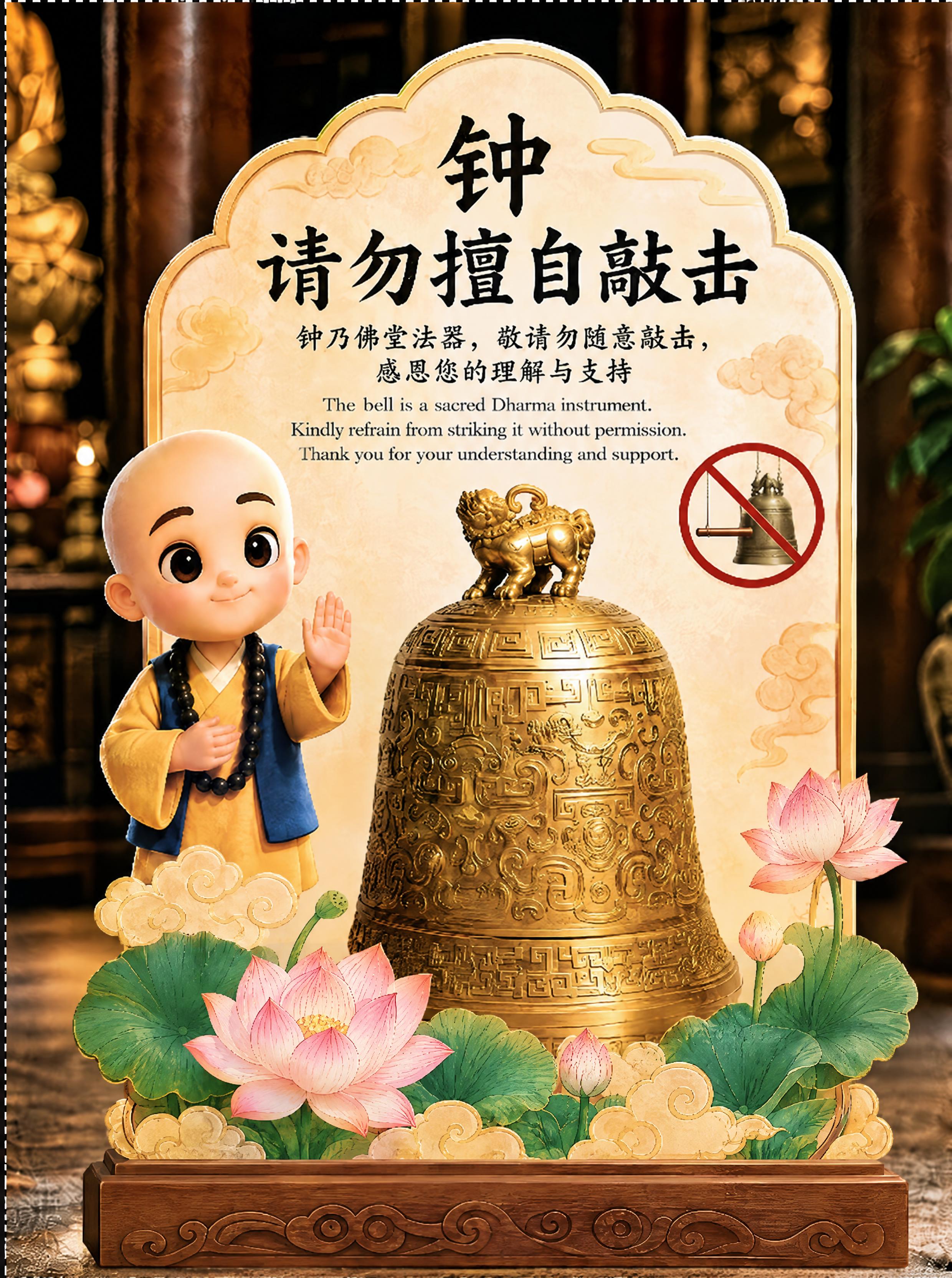 保留图一的全部设计内容、文字排版、小和尚形象、古钟、背景和整体… - 图片创意预览