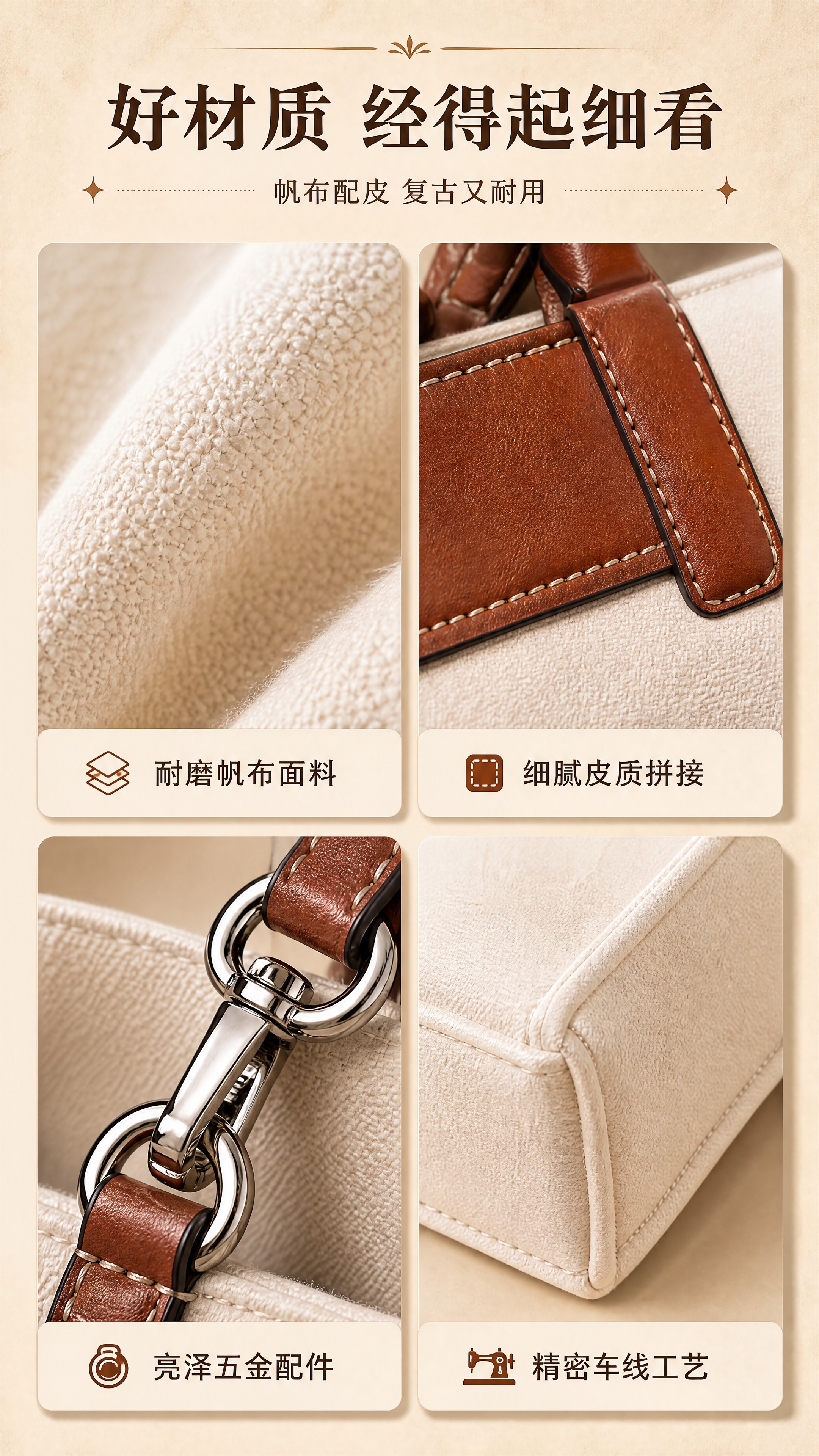 [商品] 使用【图1】米白帆布配棕色皮质撞色托特包；保留帆布纹… - 图片创意预览