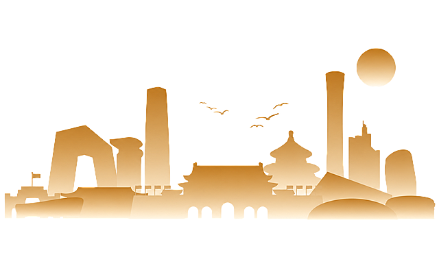 参考原图的城市建筑剪影渐变风格，将整体配色改为金棕渐变色，保留所有建筑轮廓、飞鸟和圆形元素，白色背景