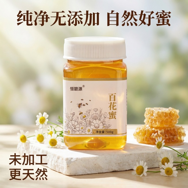 [主图2] 恒碧源百花蜜拼多多主图，保持原包装不变，主题：纯净无添加百花蜜，氛围：天然健康营销氛围，画面：蜂蜜瓶放在干净白色石板上，周围散落野菊花和蜂巢片，自然阳光，文字：顶部标题“纯净无添加 自然好预览效果