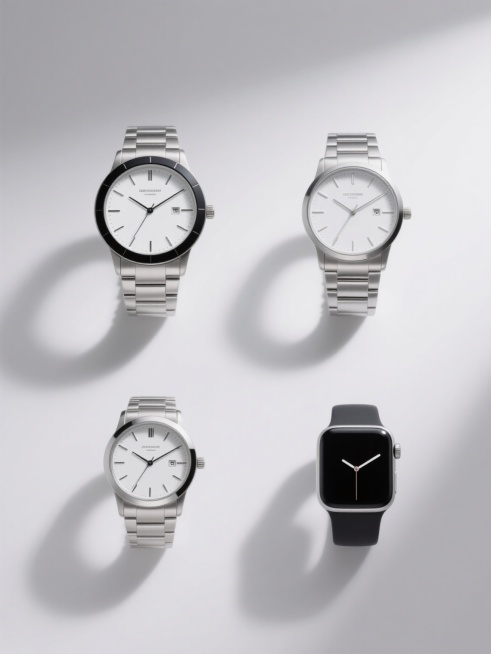 极简主义风格产品展示图，四个规整排布的手表素材，每张素材均为居中对称排列的手表特写，包含机械表（银色金属表壳、黑色陶瓷表圈、白色表盘、银色金属表带、计时功能表盘）、石英表、智能表、时尚表基本元素内容，整体造型简约现代，采用纯白色纯色背景，柔和顶光照明，清晰的产品阴影，高分辨率细节，金属材质的光泽感，专业商品摄影风格，视觉层级明确，信息传达高效，设计感简洁大气。预览效果