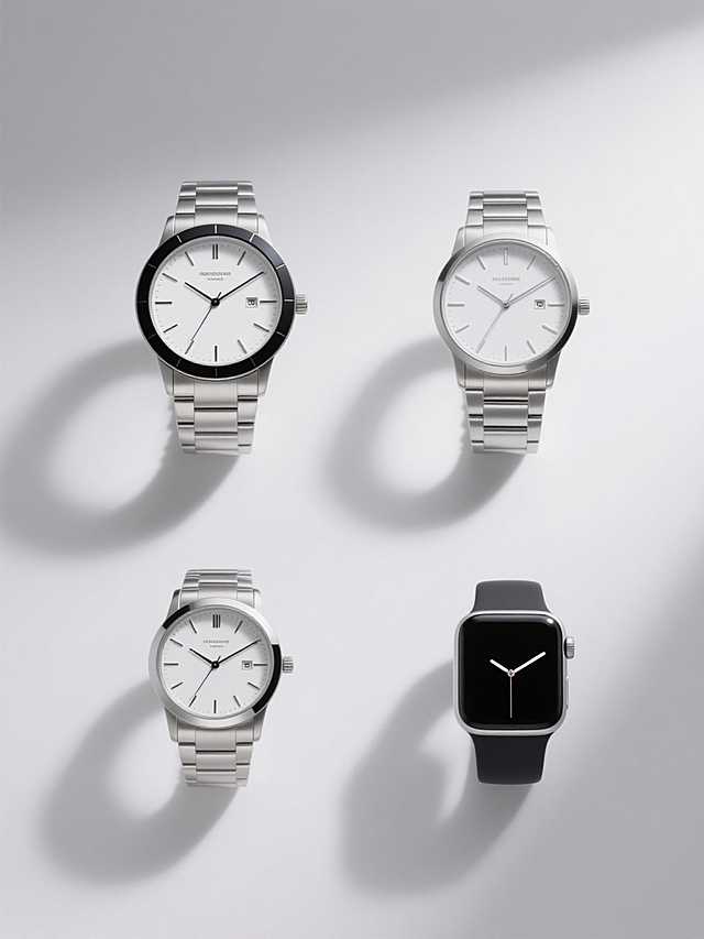极简主义风格产品展示图，四个规整排布的手表素材，每张素材均为居中对称排列的手表特写，包含机械表（银色金属表壳、黑色陶瓷表圈、白色表盘、银色金属表带、计时功能表盘）、石英表、智能表、时尚表基本元素内容，整体造型简约现代，采用纯白色纯色背景，柔和顶光照明，清晰的产品阴影，高分辨率细节，金属材质的光泽感，专业商品摄影风格，视觉层级明确，信息传达高效，设计感简洁大气。