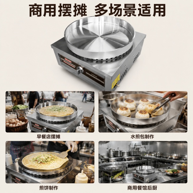 [主图-4] 多场景适用展示：煎烤炉商用场景。
[氛围风格] 真实使用场景，突出产品实用性；
[画质] 高清商业场景摄影，产品清晰，场景自然；
[元素] 上下结构排版，顶部大字主标题，下方四宫格排列四预览效果