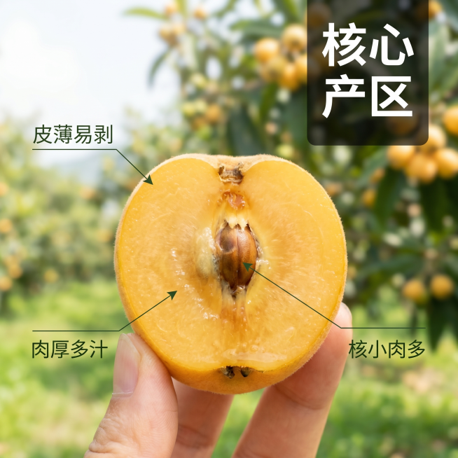 [主图 2] 云霄早钟枇杷产地核心卖点展示图。
[氛围风格] 自然原产地氛围，真实清新；
[画质] 商业摄影质感、光线柔和通透、产品清晰真实、画面干净高级，2k分辨率。
[元素] 画面中心是一颗对半切预览效果