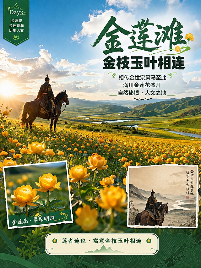 [第3屏] 详情页-金莲滩景点介绍。本屏使用【图1】作为风格参考，提取自然清新旅游风、深绿草绿主色调、手写体+粗黑体标题、图文拼贴版式的设计语言。
[氛围/风格] 自然清新带人文历史感，金莲花海壮丽氛围，实景风景摄影质感。
[元素布局] 画面主体为满川盛开的金莲花滩，大片金黄色花朵铺满草原坡地，如金色地毯；中景有古代骑马人物的剪影（表现金世宗策马至此的历史意境），或一位古装人物骑马远眺；远景是连绵绿色山丘和蓝天白云；左下角叠加一张金莲花特写小图，右下角叠加一张历史人文意境插画小图。
[光影质感] 午后暖金色阳光，金莲花被照亮呈金黄色，有通透感，整体温暖明亮。
[配色色系] 全局底色深绿#1B4D3E渐变至金黄；主色深绿、草绿；辅助色金黄、暖橙、米白、天蓝。
[视角构图] 平视略带仰视，金莲滩为视觉中心，阅读动线从右上标题 → 中部花海 → 底部人文说明。
[文字版式] 版式为右上标题区+中部大场景+底部人文说明。主标题「金莲滩」手写体大字，下方粗黑体副标题「金枝玉叶相连」；再下方正文短句：「相传金世宗策马至此」「满川金莲花盛开」「自然秘境 · 人文之地」。底部有一个米白色圆角信息框，内文：「莲者连也 · 寓意金枝玉叶相连」。文字清晰可读，不遮挡花海主体。
[比例分辨率] 3:4竖版比例，4K分辨率，文字清晰可辨，高清画质。
[负向提示词] 变形，水印，文字错乱，文字过小，人物变形，花朵变形，颜色偏差，画面模糊。