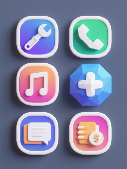 一系列6个不同元素的3D立体图标，保持统一的低多边形几何造型风格，每个图标具有光滑圆润的边缘，渐变的纯色填充，清晰的高光和阴影效果，白色描边轮廓，规整地排列在纯色背景上，每个图标色彩完全不同，元素类目为工具、通讯、娱乐、健康、教育、金融相关的简洁符号，整体呈现出简洁、现代、友好的视觉氛围。预览效果