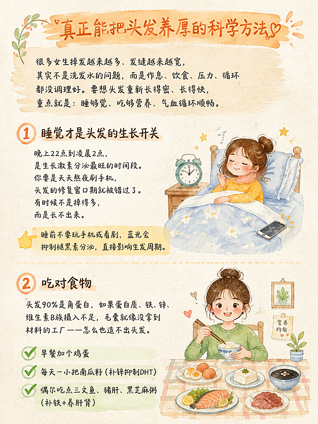 清新手绘水彩风格的养发科普内页图，小红书笔记内页质感，版式精美，信息层级清晰。浅米色水彩纸张质感背景，淡淡的水彩晕染纹理。顶部有一个暖橘色水彩笔触写着「真正能把头发养厚的科学方法」作为标题，手写体风格。正文内容分两部分：第一部分是开头引言文字「很多女生掉发越来越多、发缝越来越宽，其实不是洗发水的问题，而是作息、饮食、压力、循环都没调理好。要想头发重新长得密、长得快，重点就是：睡够觉、吃够营养、气血循环顺畅。」深灰色手写体。然后是两个大标题「① 睡觉才是头发的生长开关」，序号用暖橘色水彩圈出。正文：晚上22点到凌晨2点，是生长激素分泌最旺的时间段。你要是天天熬夜刷手机，头发的修复窗口期就被错过了。有时候不是掉得多，而是长不出来。旁边配一个小的水彩手绘插画：一个小人躺在床上睡觉，旁边有闹钟和手机。下方有黄色手指图标和文字「睡前不要玩手机或看剧，蓝光会抑制褪黑素分泌，直接影响生发周期」。然后是「② 吃对食物」大标题，正文：头发90%是角蛋白，如果蛋白质、铁、锌、维生素B族摄入不足，毛囊就像没拿到材料的工厂——怎么也造不出头发。旁边配水彩手绘插画：一个小人坐在餐桌前吃饭，桌上有鱼、鸡蛋、豆腐等食物。下方三个绿色对勾列表：早餐加个鸡蛋、每天一小把南瓜籽（补锌抑制DHT）、偶尔吃点三文鱼、猪肝、黑芝麻粥（补铁+养肝肾）。整体排版左右分栏布局，左边文字右边插画，清新水彩手绘风，柔和温暖。画面比例3:4，竖版。
