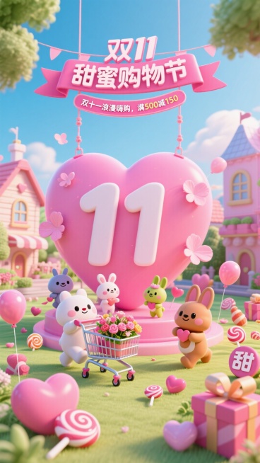 画面以巨型粉色 “11” 爱心造型装置为视觉核心，上方垂挂 “双 11 甜蜜购物节” 丝带标题牌，搭配粉色花瓣标注 “双十一浪漫嗨购，满 500 减 150”。场景中，一群卡通小动物推着装饰着鲜花的购预览效果