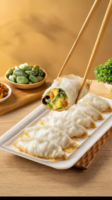 将绿色面皮修改为白色面皮，保持锅贴的馅料、摆盘和场景不变，制作白色面皮的锅贴效果预览效果
