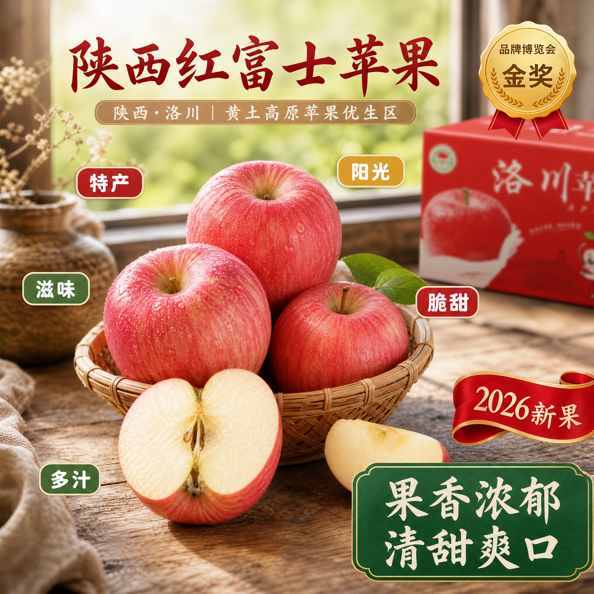 [主图-87] 农家窗台场景陕西红富士苹果京东生鲜主图，核心任… - 图片创意预览