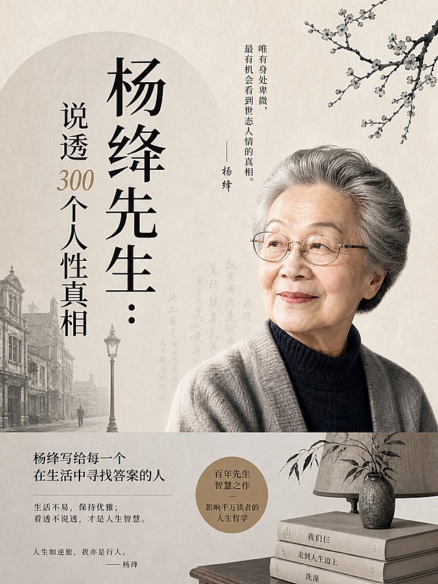 将这张书籍封面图调整为960x1280竖版尺寸，保持封面主体内容完整，重新构图布局使画面协调，保留杨绛先生肖像、书名文字及主要设计元素，整体风格保持淡雅人文的民国风不变