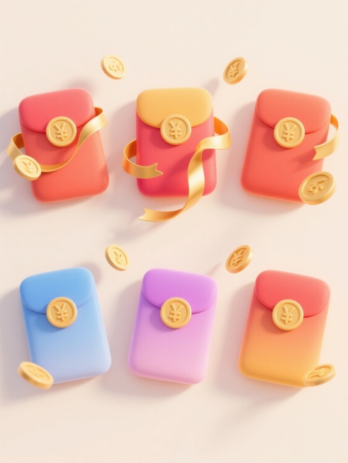 6个不同配色、不同样式、不同材质的红包造型，采用上下两行对齐排列，每个红包带有金色的货币符号装饰，部分红包有飘逸的金色丝带，周围点缀金色硬币，整体呈现明亮欢快的氛围，卡通风格，平滑的渐变色彩，柔和的光影效果，浅色背景，简洁的构图，适合作为喜庆主题的设计元素。预览效果