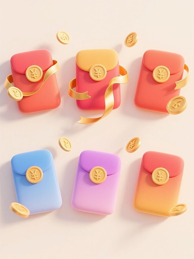 6个不同配色、不同样式、不同材质的红包造型，采用上下两行对齐排列，每个红包带有金色的货币符号装饰，部分红包有飘逸的金色丝带，周围点缀金色硬币，整体呈现明亮欢快的氛围，卡通风格，平滑的渐变色彩，柔和的光影效果，浅色背景，简洁的构图，适合作为喜庆主题的设计元素。